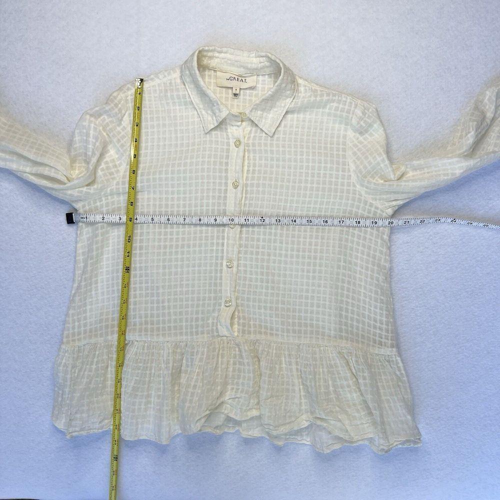THE GREAT. The‎ Ruffle Oxford Top Beige Dobby Dot Cotton Peplum Blouse Size 0 - Picture 10 of 12